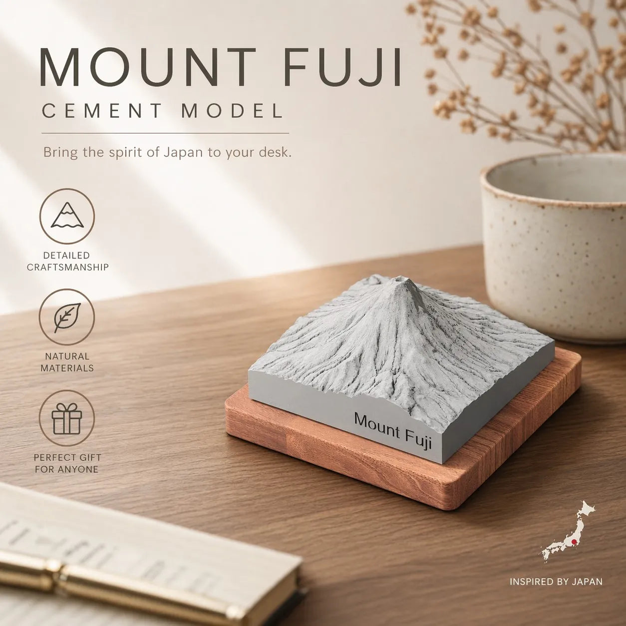 Mount Fuji Concrete Model – Minimalist Zen Desk Sculpture & Personalized Japan Gift