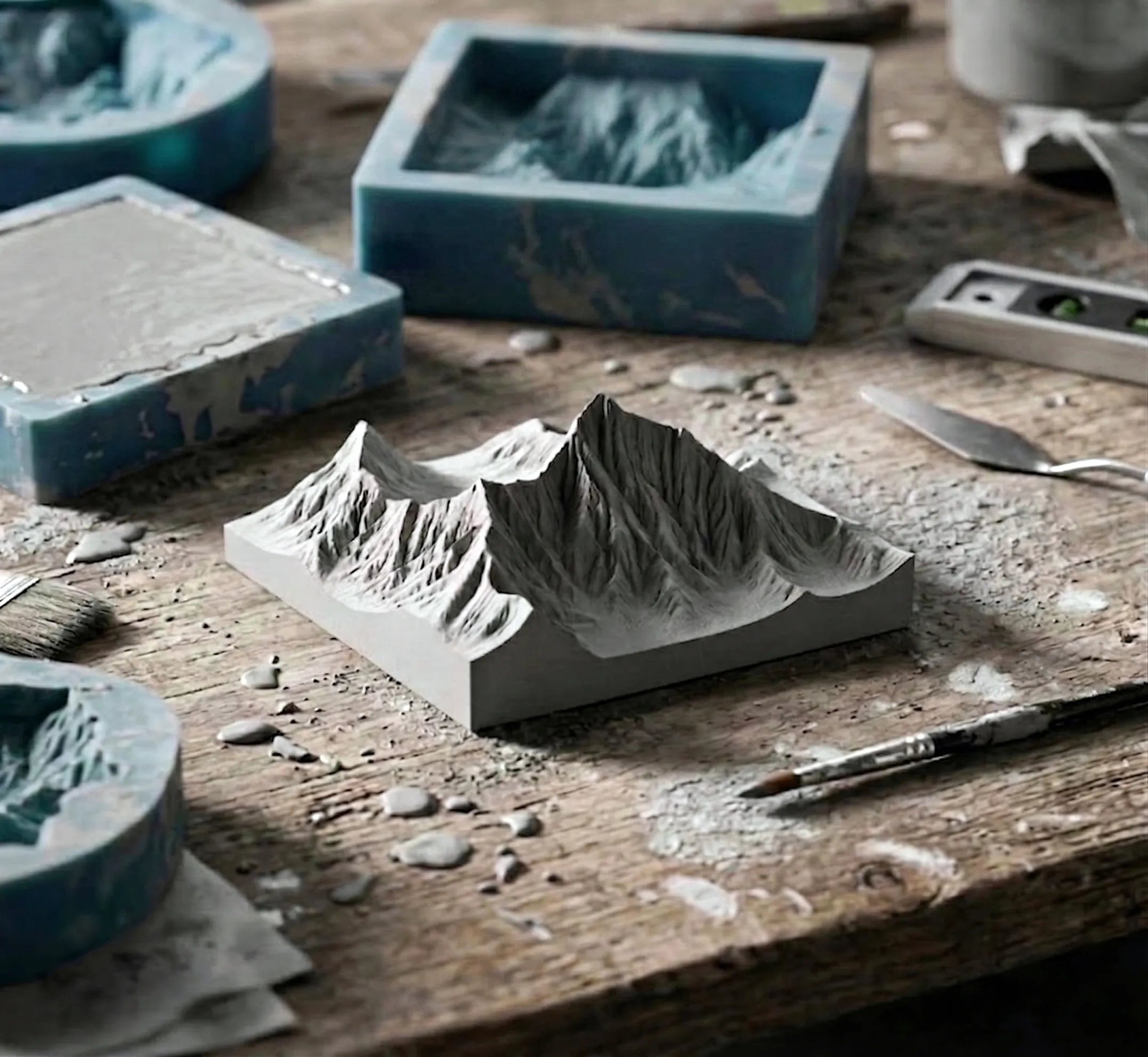Mount Everest – handcrafted concrete sculpture with wood base