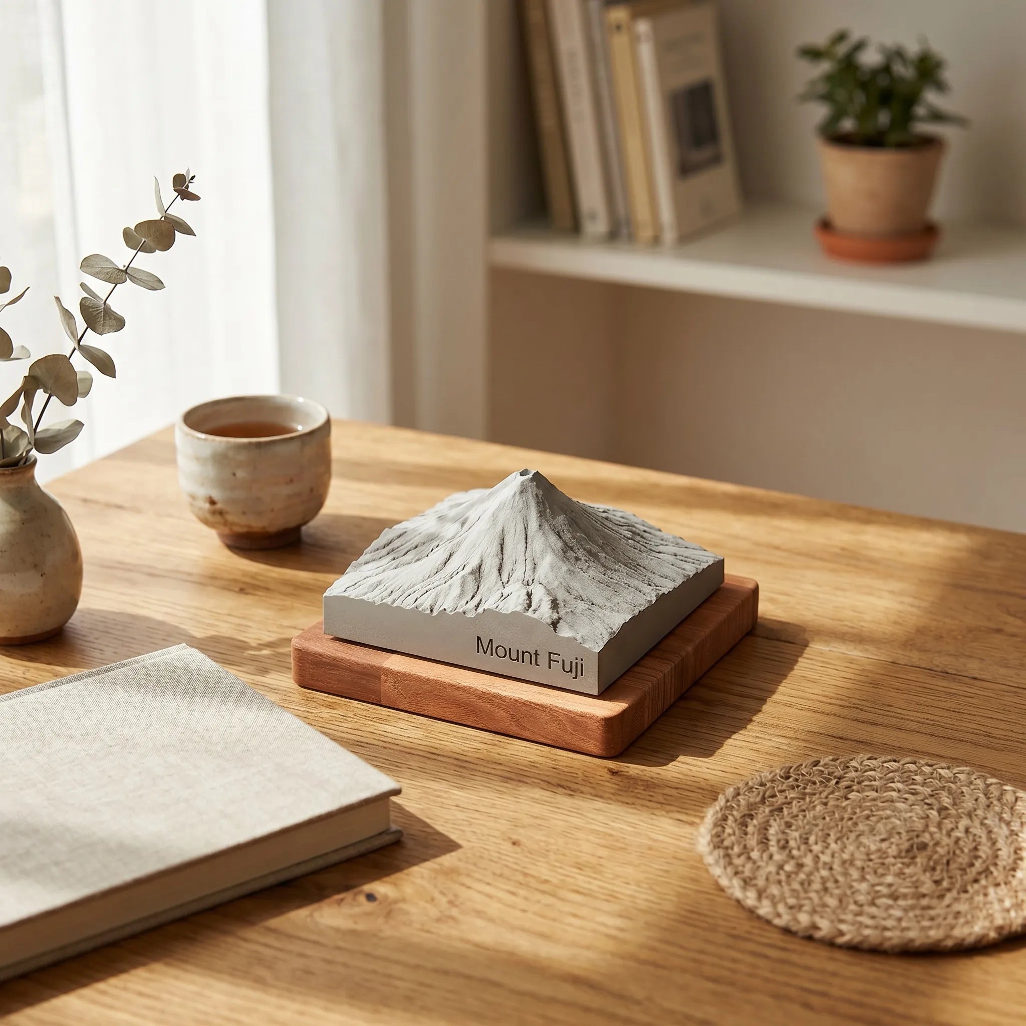 Mount Fuji – handcrafted concrete sculpture with wood base