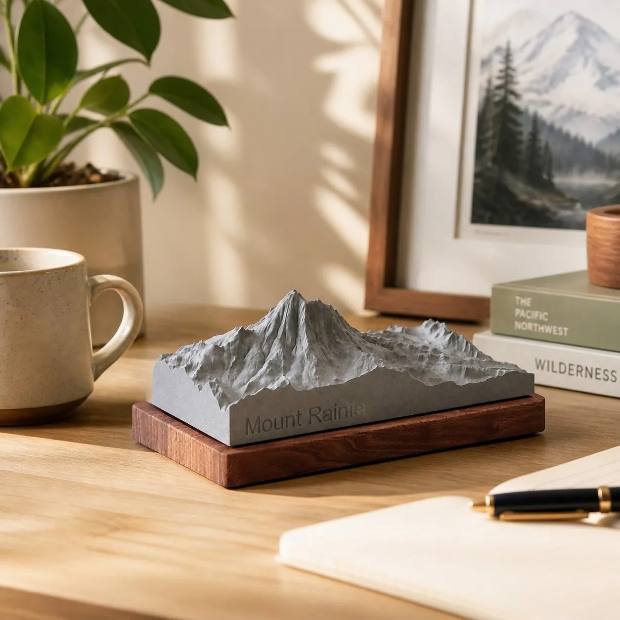 Mount Rainier – handcrafted concrete sculpture with wood base