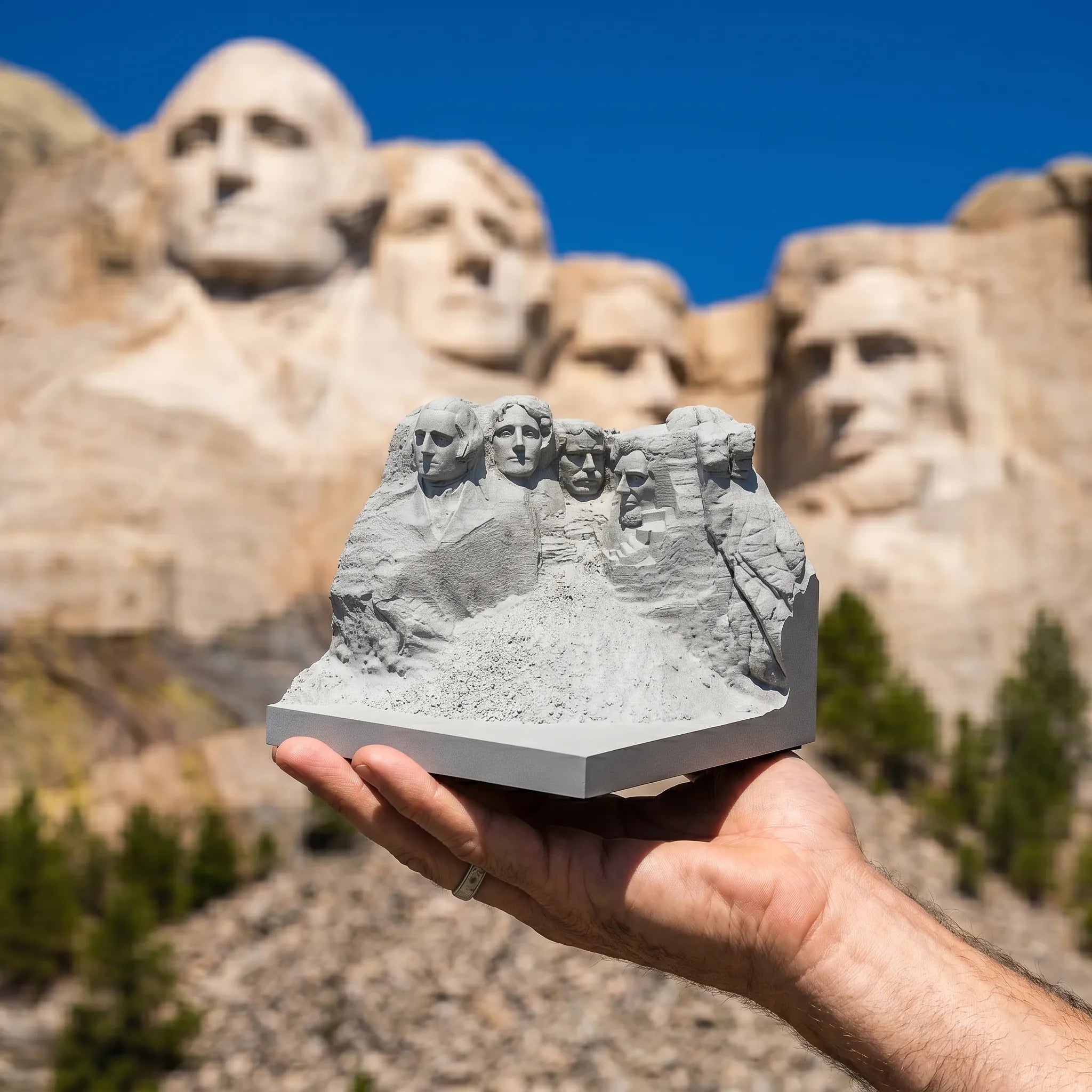 Mount Rushmore – handcrafted concrete sculpture with wood base