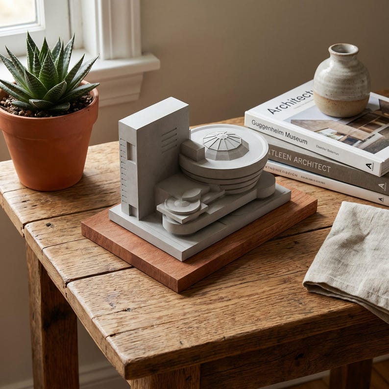 Guggenheim Museum – handcrafted concrete sculpture with wood base